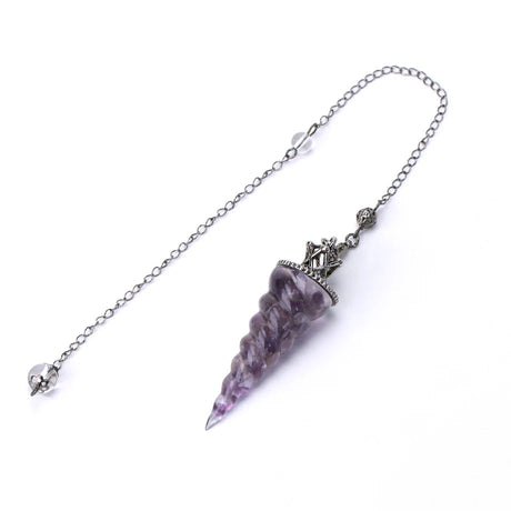 Purple crystal pendant with chain on a white background