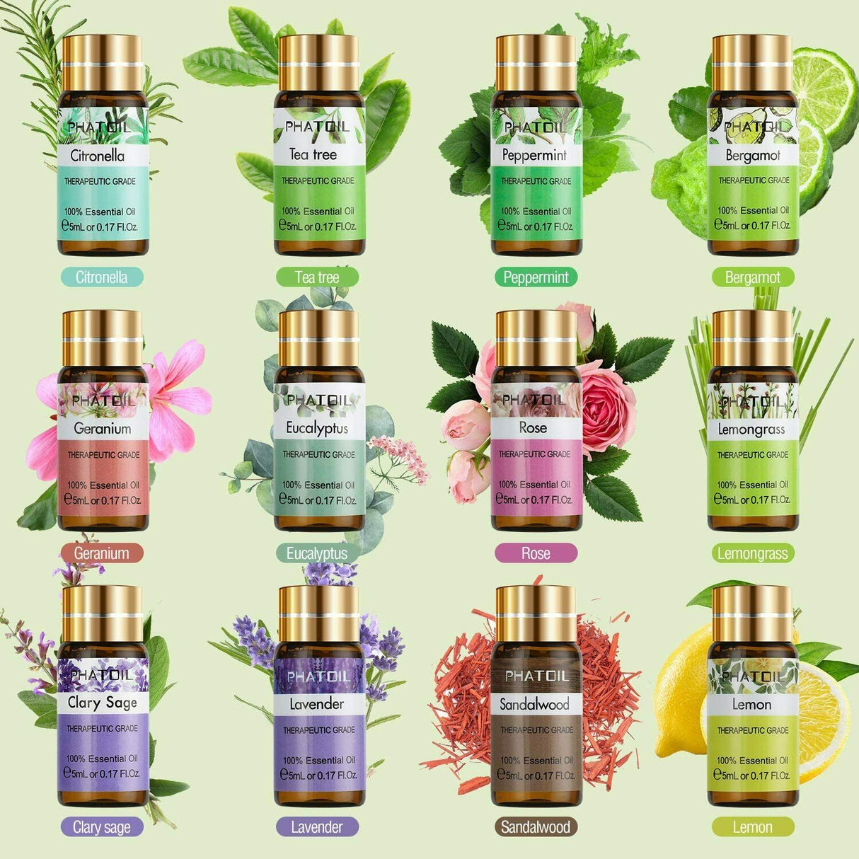 Collection of Phat Oil essential oil bottles with labels on a green background with floral and plant elements.