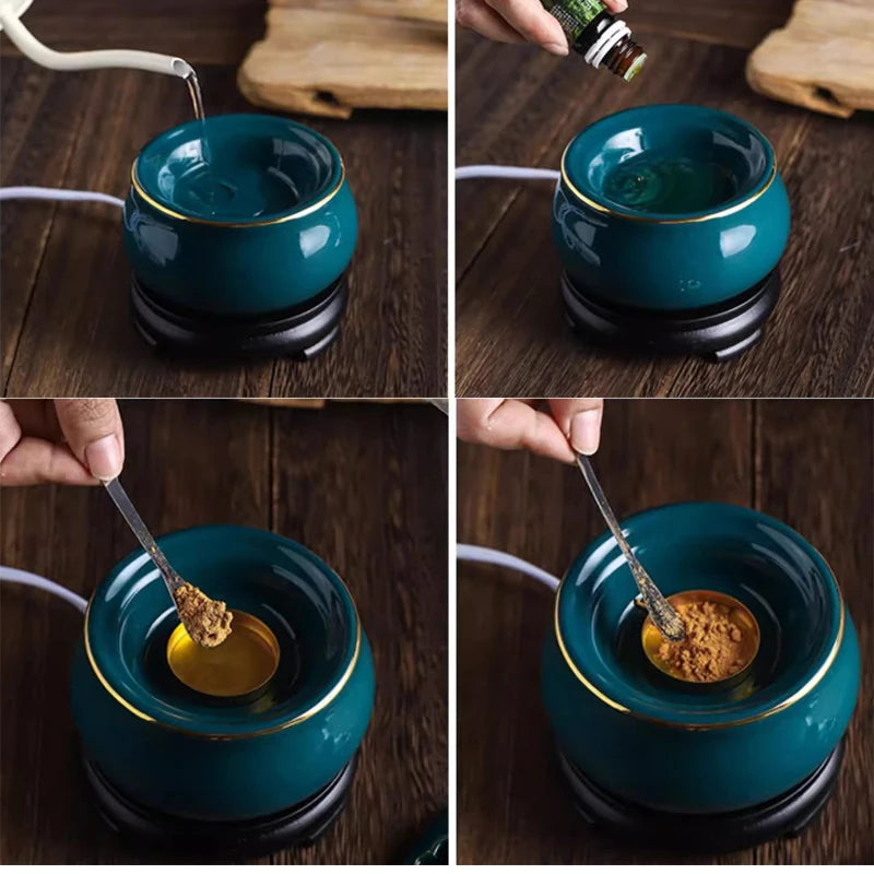 Teal ceramic bowl with gold rim on a wooden stand, being used to mix ingredients.