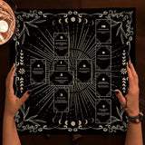 Decorative calendar with astrological symbols and hands on a dark surface