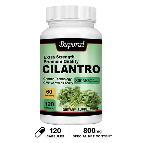 Buporai Cilantro supplement bottle on a white background