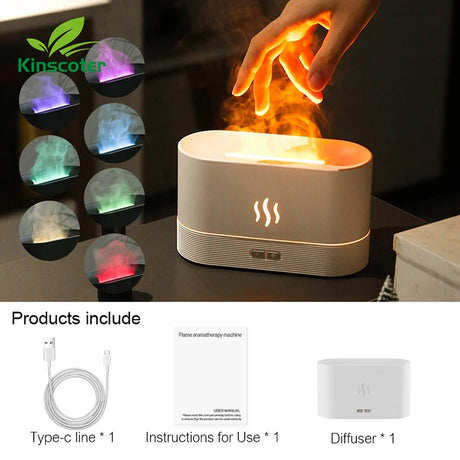 Diffuser with colorful light display and hand interacting with it, Kinscooter brand visible.