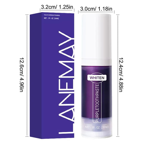 LANEMAX purple toothpaste with packaging showing dimensions on a white background