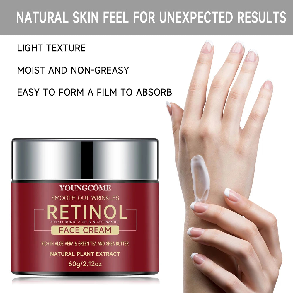 Youngcome Retinol Face Cream jar with hand applying cream, text highlighting product features.