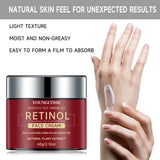 Youngcome Retinol Face Cream jar with hand applying cream, text highlighting product features.