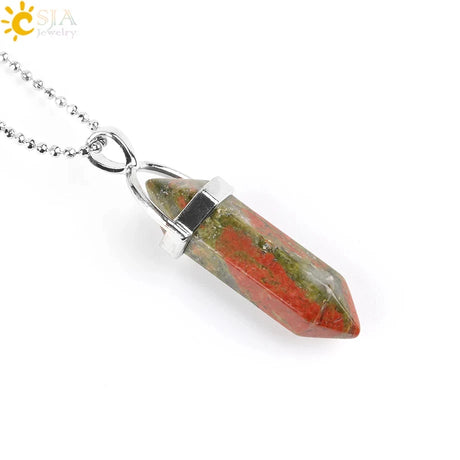 Necklace with a red and green stone pendant on a white background