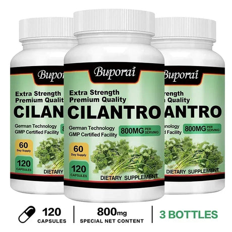Three bottles of Buporai Cilan Cilantro dietary supplements on a white background