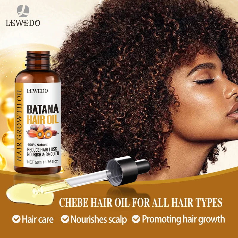 LEWEDO Batana Hair Growth Oil with a woman with curly hair on a brown background