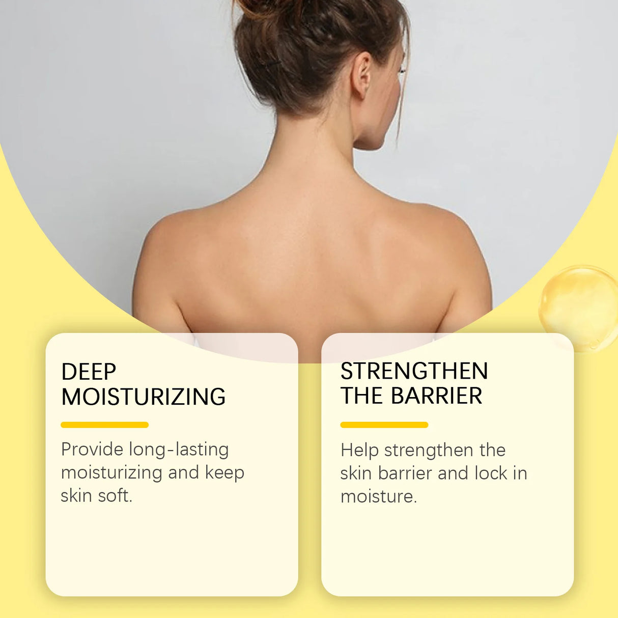 Woman's back with text on deep moisturizing and strengthening the skin barrier.