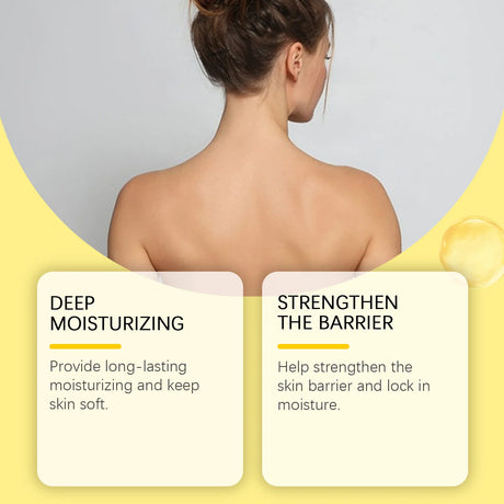 Woman's back with text on deep moisturizing and strengthening the skin barrier.