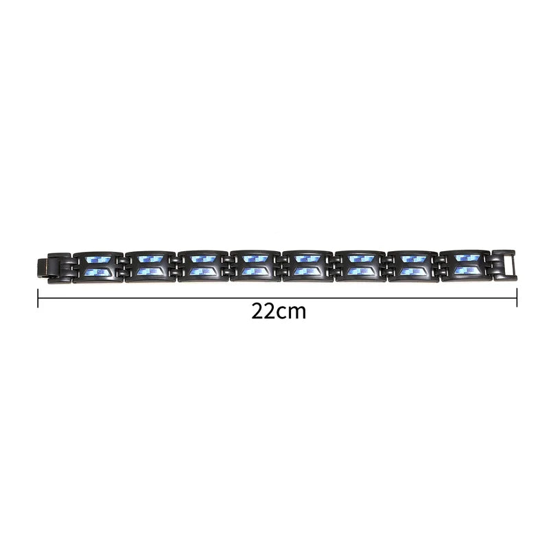 Black bracelet with blue stones and measurement label on a white background