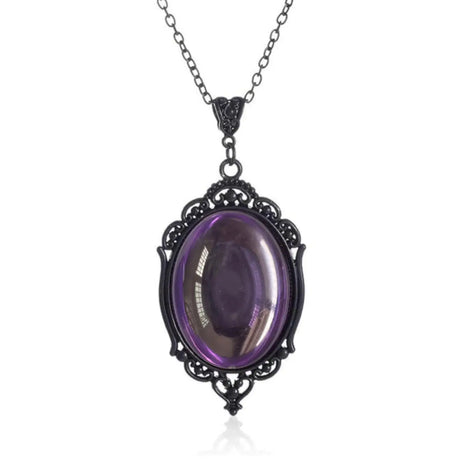 Necklace with a purple oval pendant on a white background