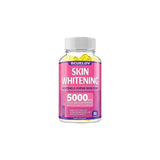 Supplement bottle labeled 'Skin Whitening' with pink label on a white background