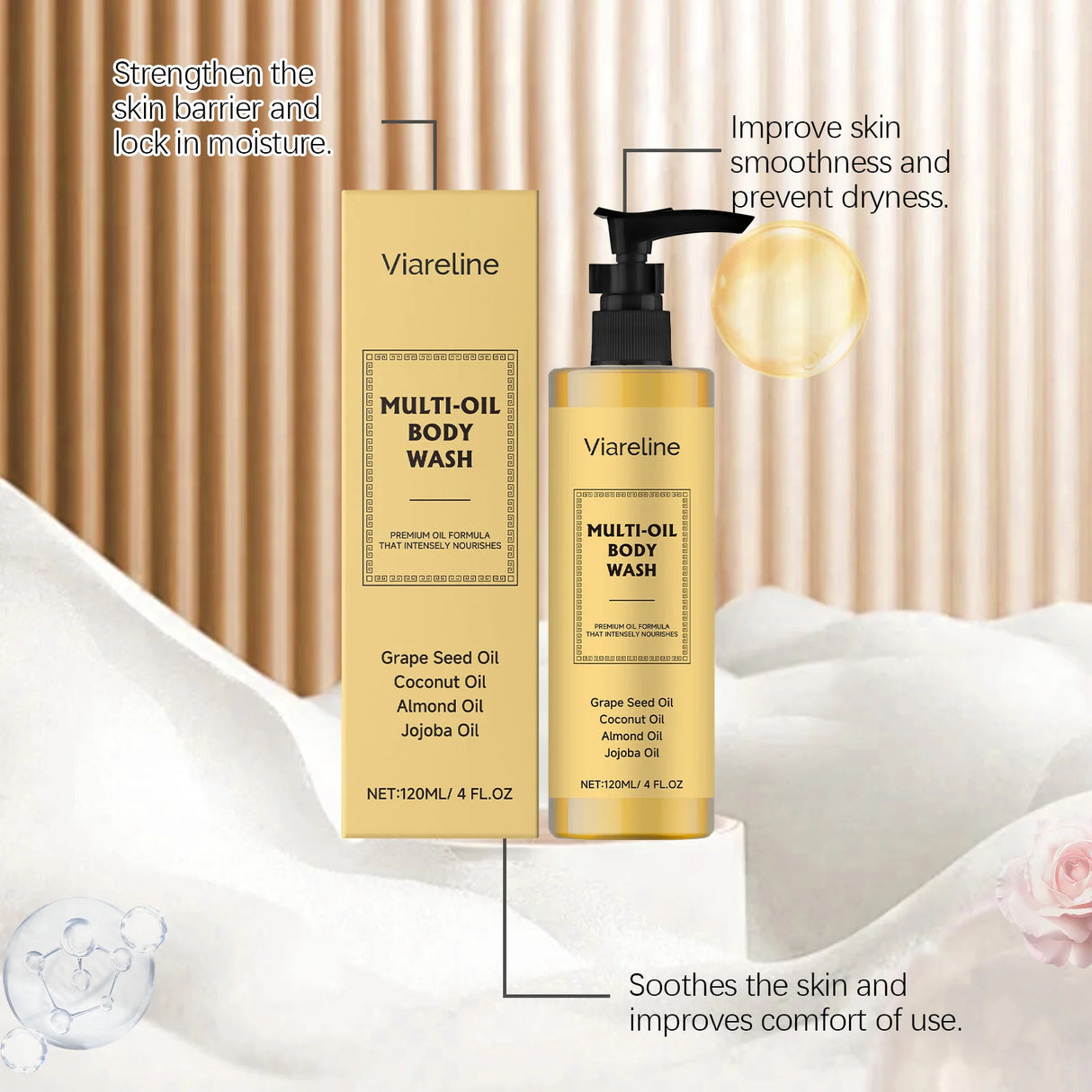Viareline Multi-Oil Body Wash with packaging on a soft fabric background