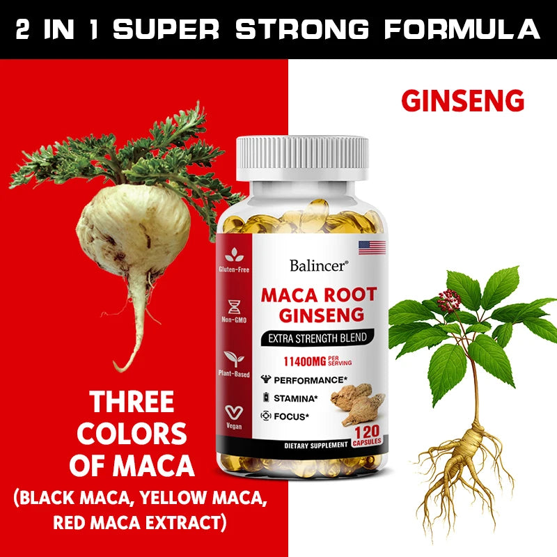 Supplement bottle labeled 'Maca Root Ginseng' with ginseng root illustration on a red background