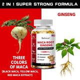 Supplement bottle labeled 'Maca Root Ginseng' with ginseng root illustration on a red background
