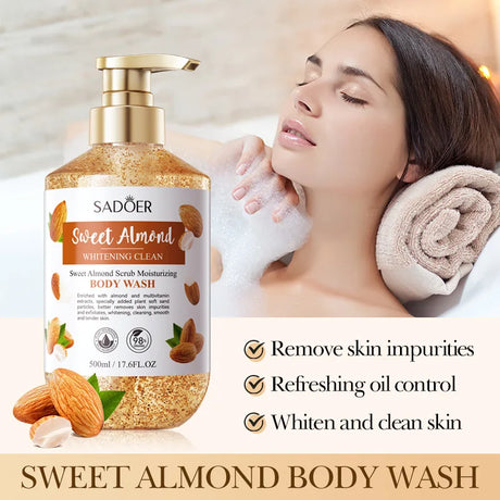 Sadoer Sweet Almond body wash bottle with a woman using it, labeled benefits displayed.