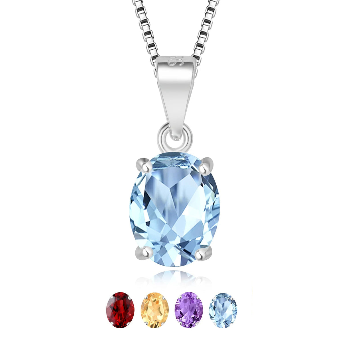 Silver necklace with a blue gemstone pendant on a white background, featuring the brand 'Poliy'.