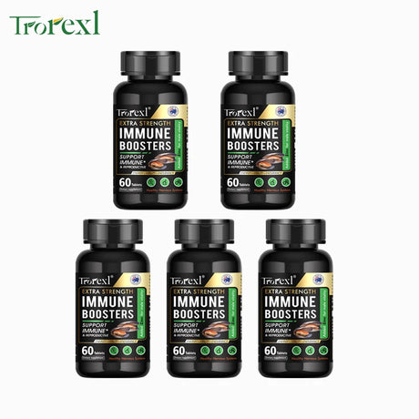 Five bottles of Trorexl Extra Strength Immune Boosters on a white background