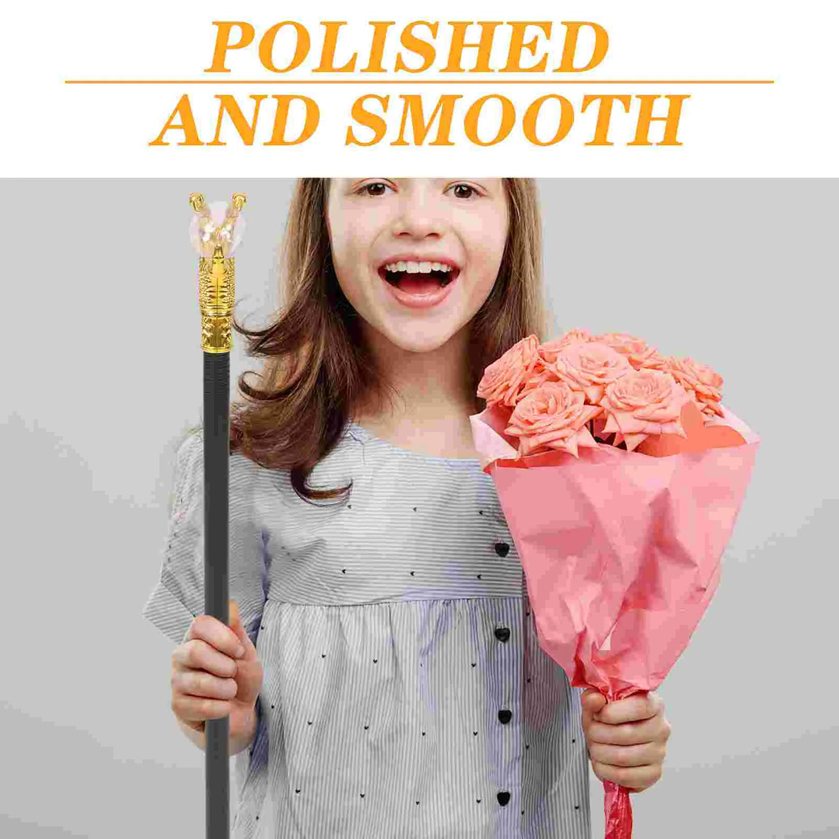 Child holding a bouquet of flowers and a golden scepter with text 'Polished and Smooth'.