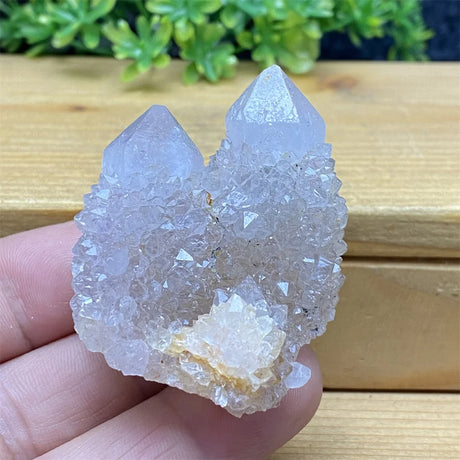 Clear crystal rock held in a hand with a wooden surface and greenery in the background