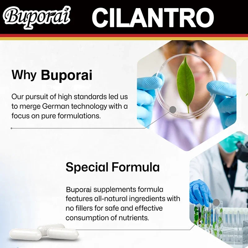 Buporai Cilantro supplement advertisement with a scientist examining a cilantro leaf under a magnifying glass.