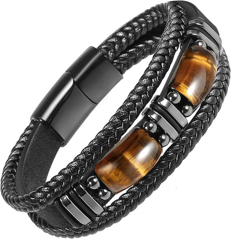 Black braided leather bracelet with brown tiger eye stones and metal accents on a white background