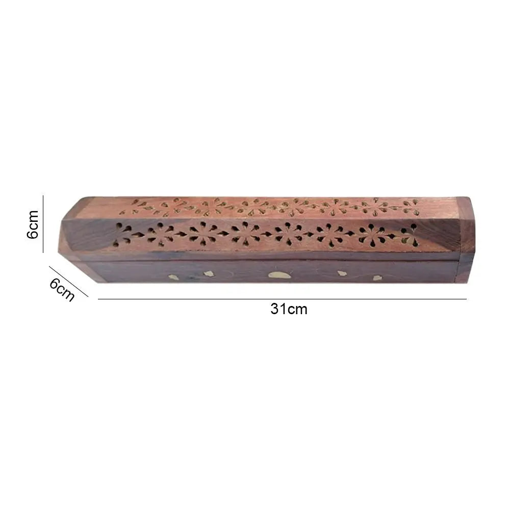 Wooden incense holder with intricate carvings and dimensions on a white background