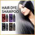Hair dye and shampoo products with a woman with styled hair on a light background