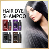 Hair dye and shampoo products with a woman with styled hair on a light background
