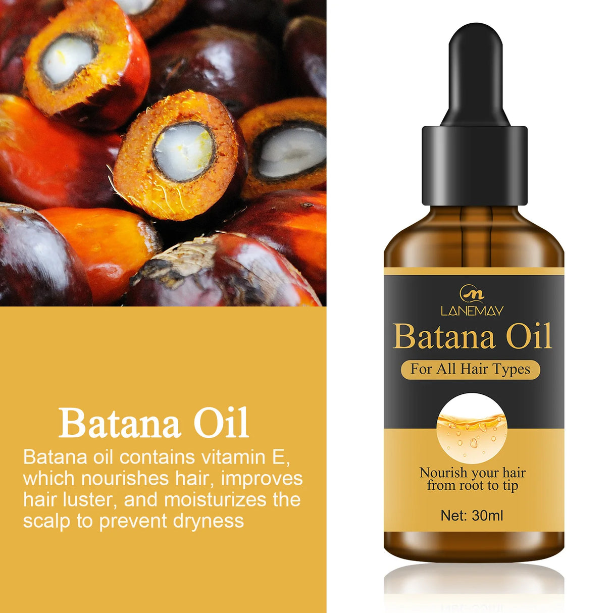 Bottle of Lanemav Batana Oil with palm fruit on a white background