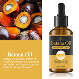 Bottle of Lanemav Batana Oil with palm fruit on a white background