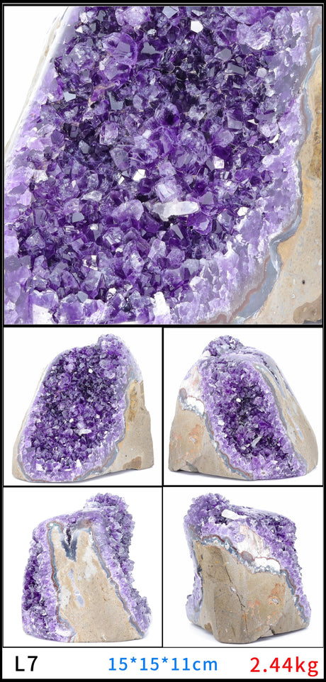 Amethyst crystal geode with multiple views and dimensions displayed.