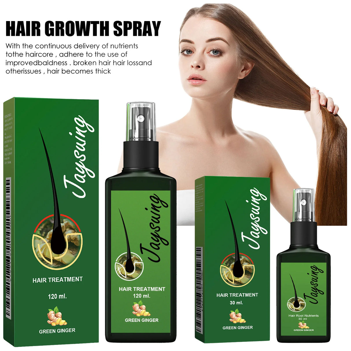 Hair growth spray with packaging and a woman with long hair, featuring the brand 'Jaysuing'.