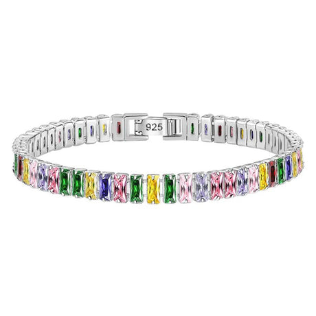 Multicolored gemstone bracelet with silver clasp on a white background