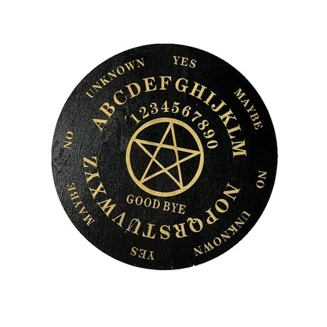 Black Ouija board with gold text and symbols on a white background