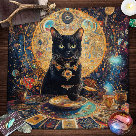 Black cat sitting on a table with tarot cards and mystical decor