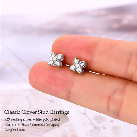 Classic Clover Stud Earrings held on a hand with product details.