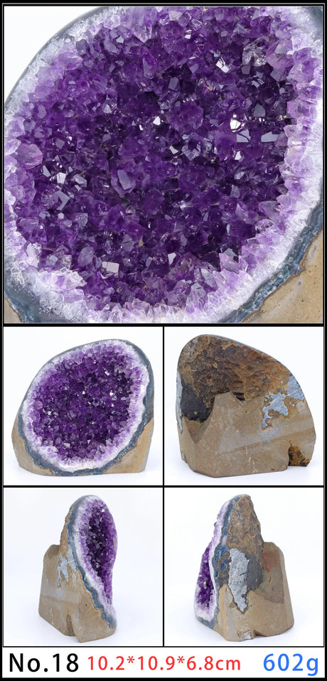 Amethyst geode with multiple views and dimensions displayed.
