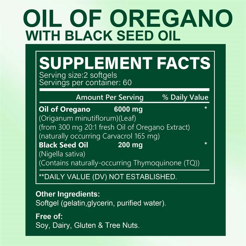 Supplement facts label for Oil of Oregano with Black Seed Oil on a green background
