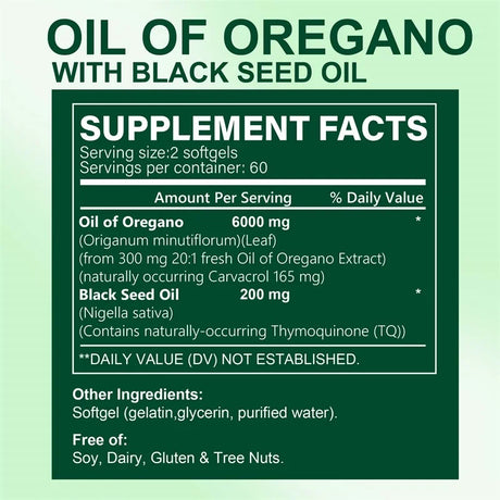 Supplement facts label for Oil of Oregano with Black Seed Oil on a green background