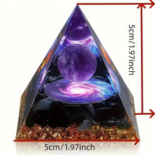Pyramid-shaped decorative item with a cosmic design and measurements indicated.
