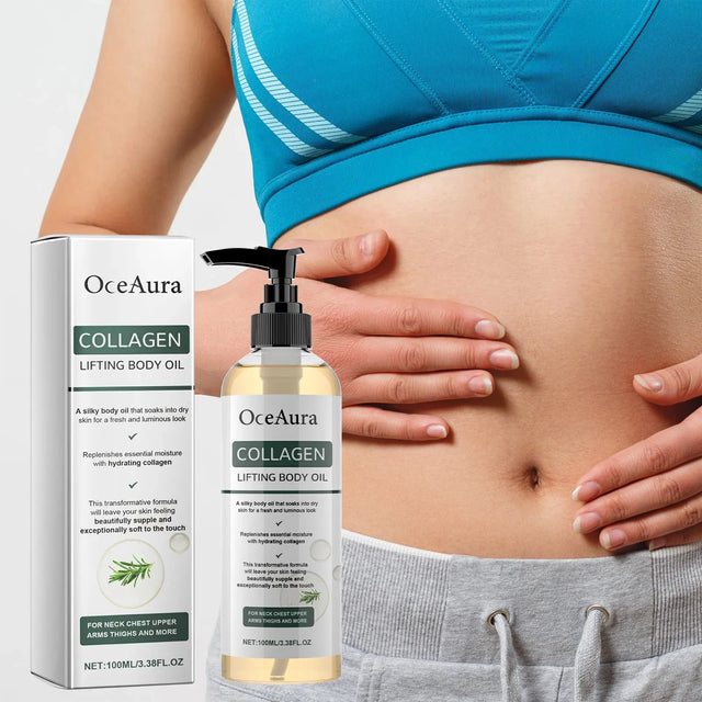 OceAura Collagen Lifting Body Oil with packaging and a person applying the oil to their skin.