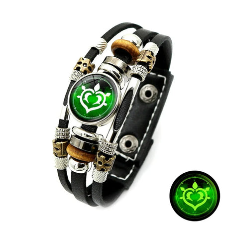 Glowing green emblem bracelet with black leather strap on a white background