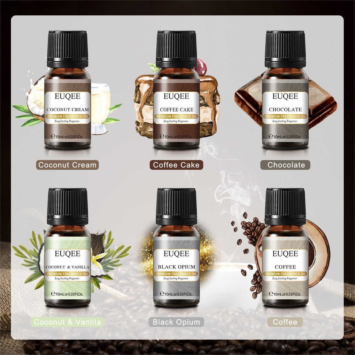 Collection of EUQEE fragrance bottles with labels on a neutral background
