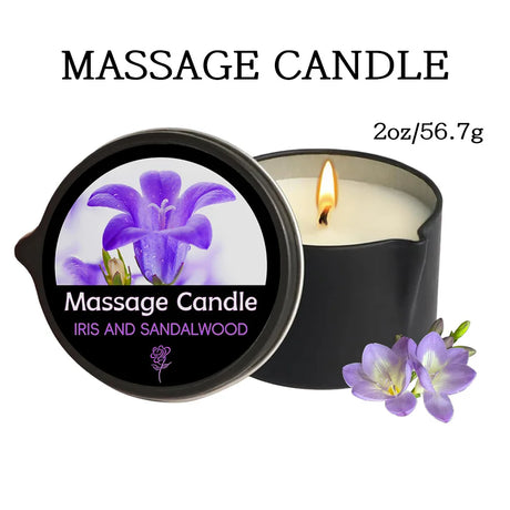 Massage candle with lid showing iris and sandalwood design, labeled 'Iris and Sandalwood'.