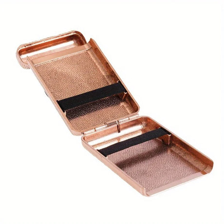 Rose gold metal case with black interior on a white background