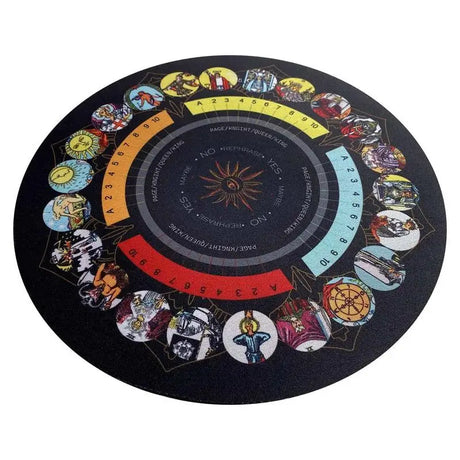 Decorative circular mat with astrological symbols and numbers on a black background