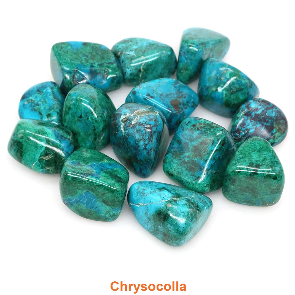 Chrysocolla stones collection in a white background.