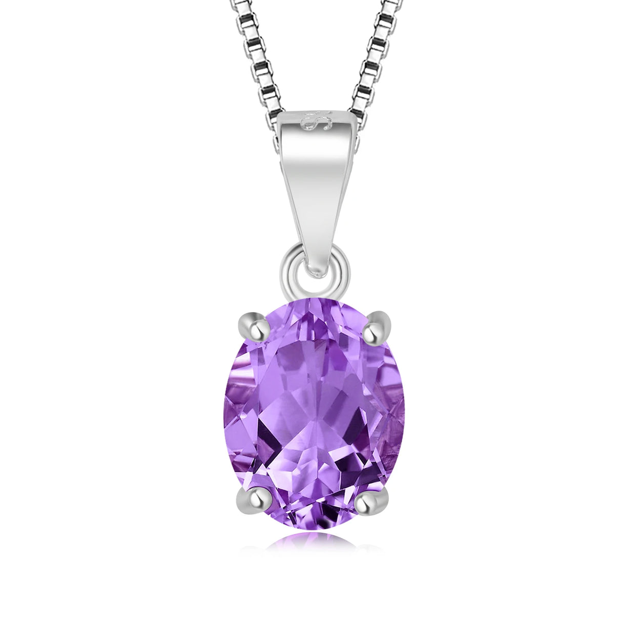 Purple gemstone pendant on a silver chain against a white background